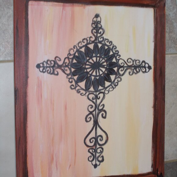 New, Decorative Cross hand painted acrylic painting on 16"x20 canvas by LA - Picture 2 of 3